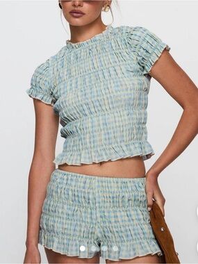Smocked Ruffle Gingham Set in Blue Plaid